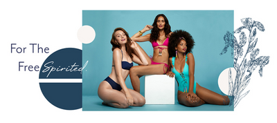 For the free spirited. Woman kneeling wearing a navy blue bikini. Woman sitting on a white cube wearing a hot pink bikini. Woman sitting wearing a turquoise swimsuit