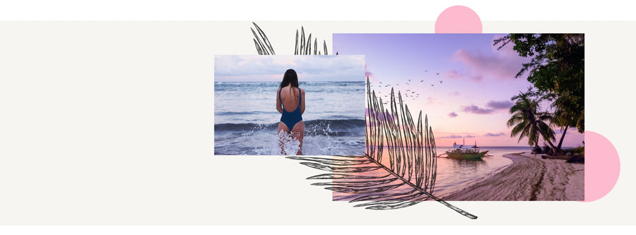 Woman facing the ocean in a navy blue swimsuit and a beach sunset 